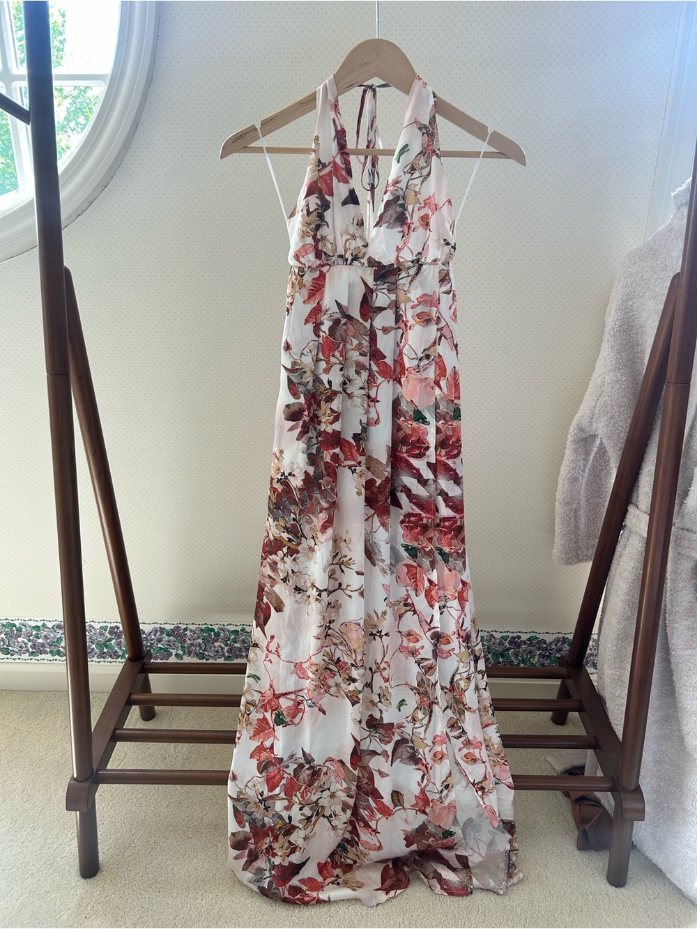 Hello Molly White Floral Halter Maxi Dress with Red & Pink Accents